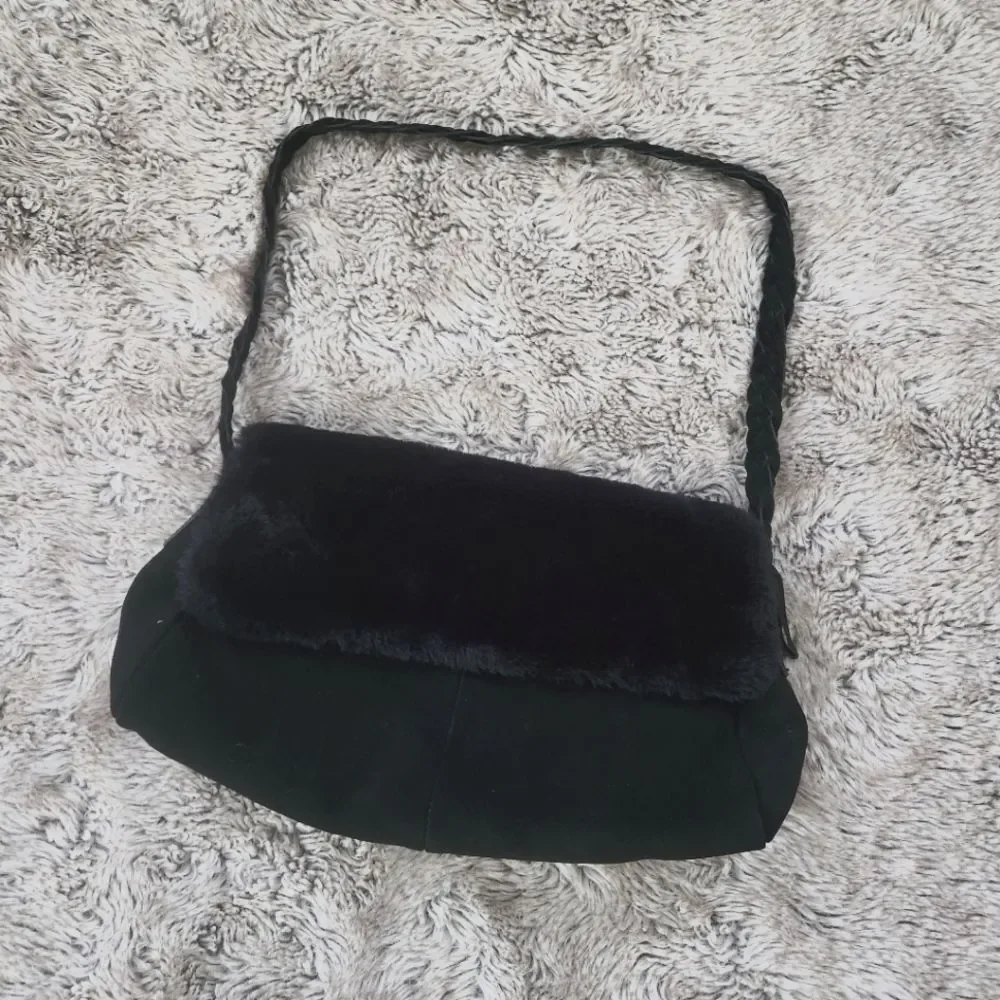 dennis basso Faux Fur Shearling Trim Suede Braided Strap Shoulder Bag Black‎